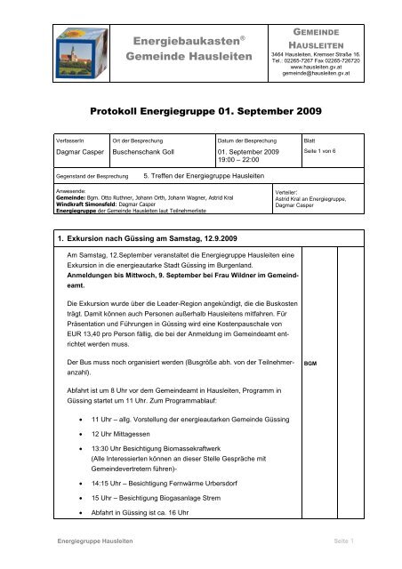 Protokoll Energiegruppe vom 1. September 2009