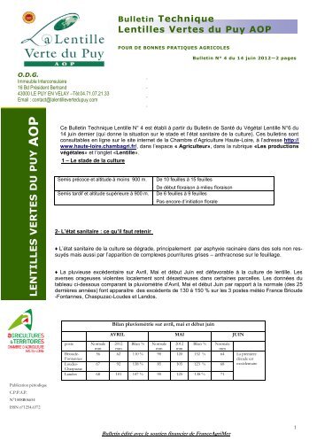 Bulletin technique lentilles N° 4 du 14 juin 2012 - Chambre d ...