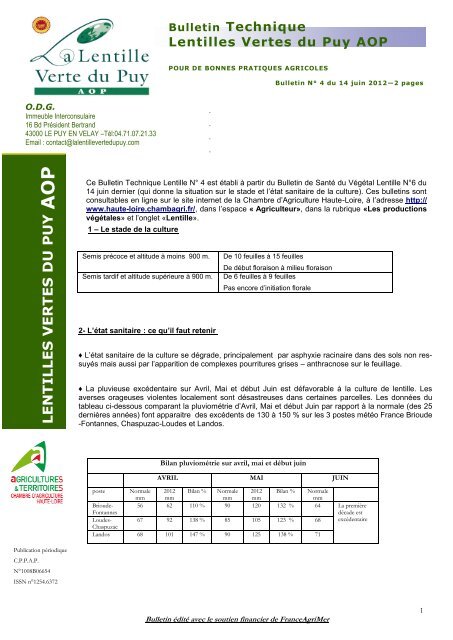 Bulletin technique lentilles N° 4 du 14 juin 2012 - Chambre d ...