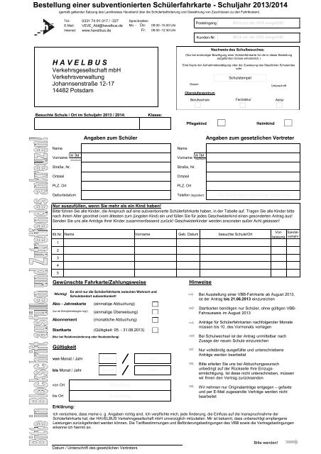 Bestellformular für Schülerfahrausweis - Schuljahr 2013/2014