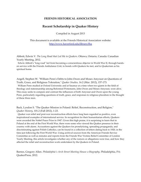 Recent Scholarship in Quaker History - Haverford College