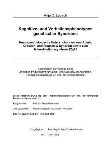 Kognitive- und Verhaltensphänotypen ... - E-LIB - Universität Bremen