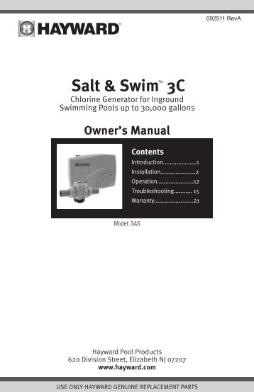 Salt & Swim 3C Owner's Manual (SAS) - Hayward