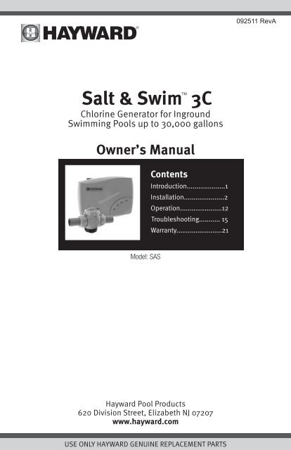 Salt & Swim 3C Owner's Manual (SAS) - Hayward