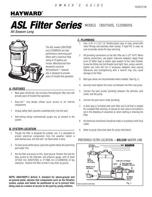ASL Filter Series (Models C85075XES, C125080X5S ... - Hayward
