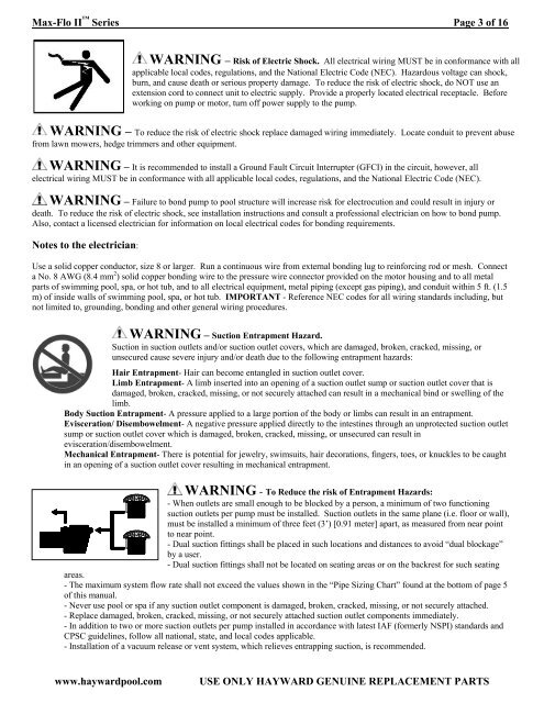 Max Flo II™ Pump Series - Owner's Manual - Pool Center