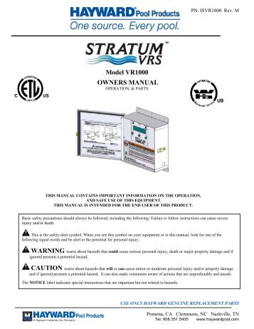 Stratum VRS (Model VR1000) - Owners Manual - Pool Center