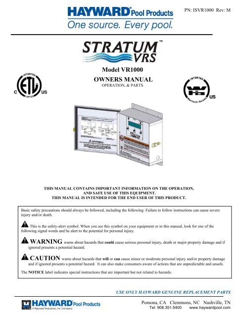 Stratum VRS (Model VR1000) - Owners Manual - Pool Center
