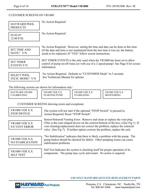 Stratum VRS (Model VR1000) - Owners Manual - Pool Center