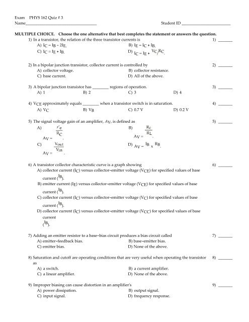 Exam PHYS 162 Quiz # 3 ...