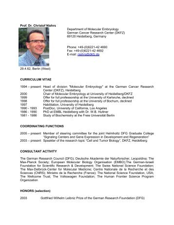 Prof. Dr. Christof Niehrs Department of Molecular Embryology - HBIGS