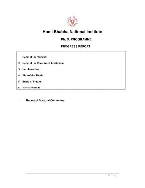 Progress Report Template - Homi Bhabha National Institute