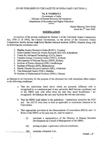 MHRD Notification - Homi Bhabha National Institute
