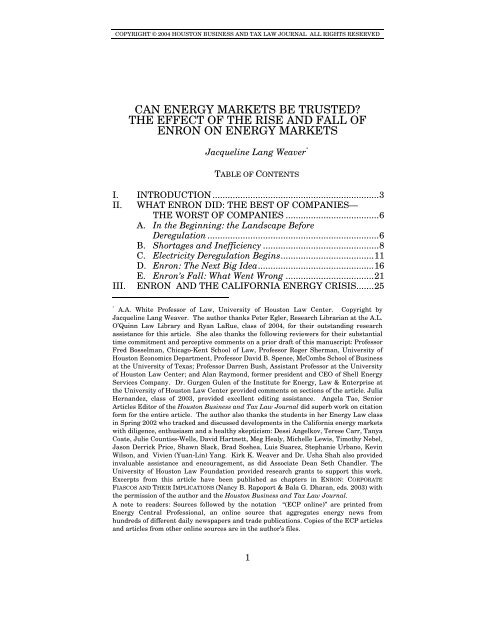 can energy markets be trusted? - Houston Business and Tax Law ...