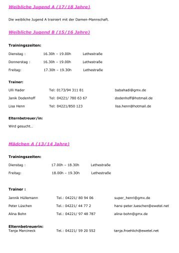 Trainingszeiten und Kontaktadressen aller Jugendmannschaften