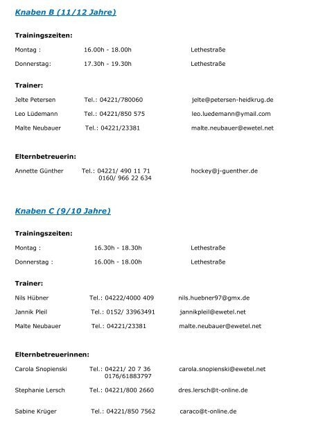 Trainingszeiten und Kontaktadressen aller Jugendmannschaften