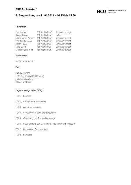 FSR Architektur 3. Besprechung am 11.01.2013 ? 14:15 bis 15:30