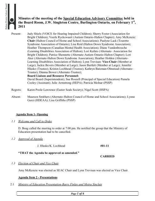 SEAC Minutes February 1, 2011 - Halton District School Board