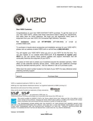 VIZIO SV472XVT HDTV User Manual - Home Theater HDTV