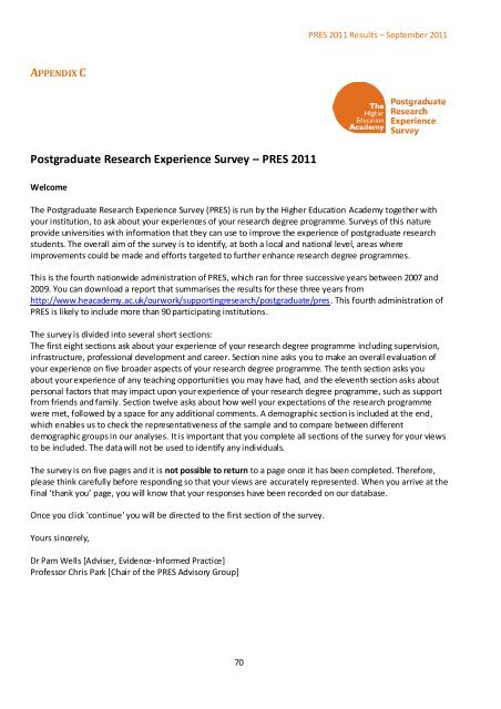 Postgraduate Research Experience Survey (PRES) 2011 - Higher ...