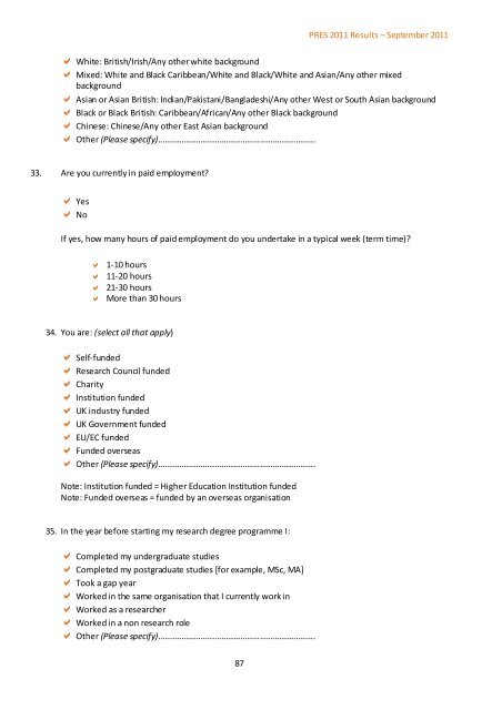 Postgraduate Research Experience Survey (PRES) 2011 - Higher ...