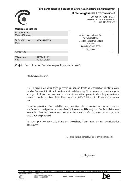 Direction Generale Environnement Madame Monsieur J Ai L