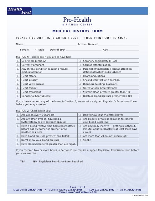 MEDICAL HISTORY FORM - Pro-Health & Fitness Center