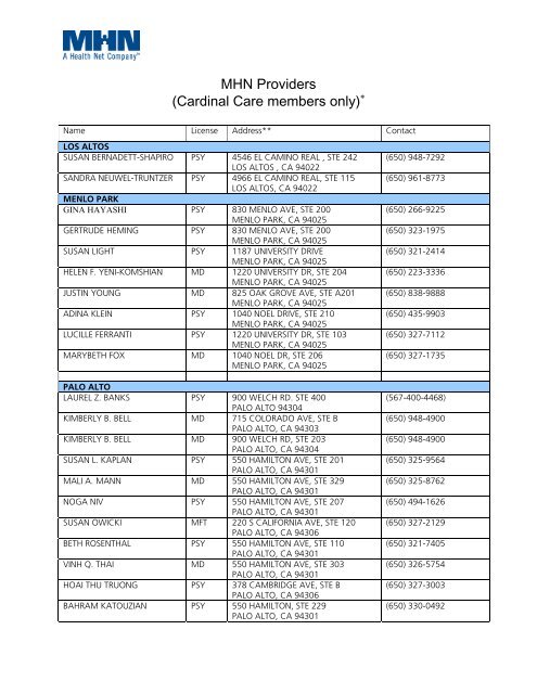 MHN Providers (Cardinal Care members only) - Health Net