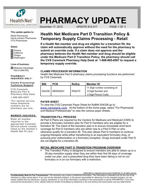 2013 Medicare Part D Retail Transition Policy And Health Net