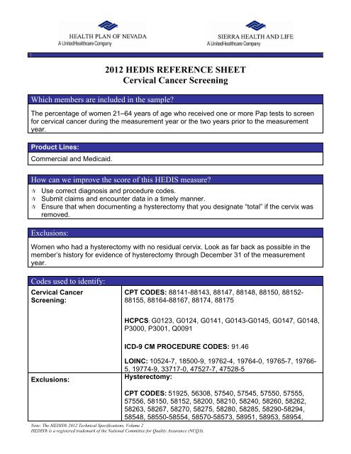 2012 HEDIS REFERENCE SHEET Cervical Cancer Screening