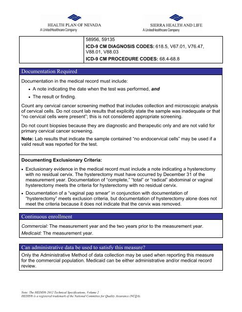 2012 HEDIS REFERENCE SHEET Cervical Cancer Screening