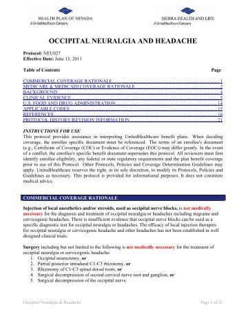 OCCIPITAL NEURALGIA AND HEADACHE - Health Plan of Nevada