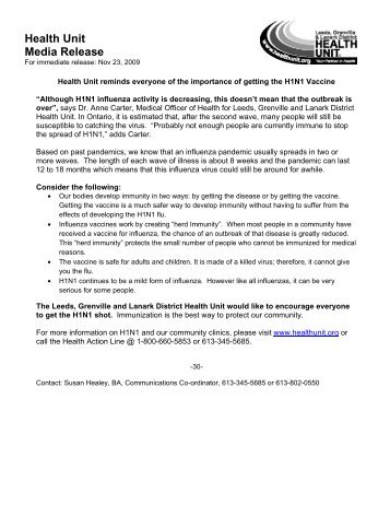 Health Unit Media Release - Leeds, Grenville and Lanark District ...