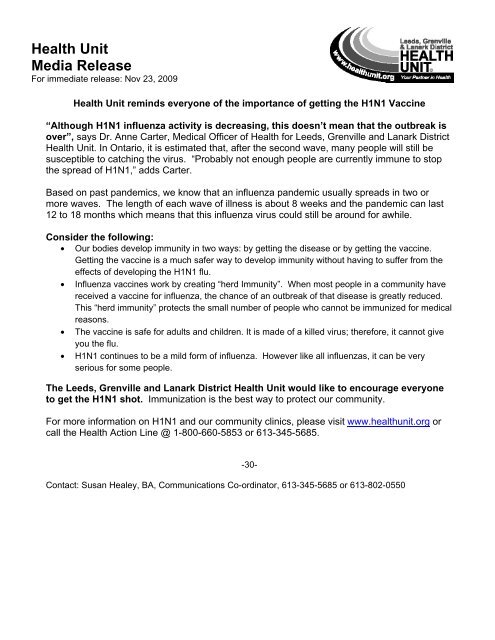 Health Unit Media Release - Leeds, Grenville and Lanark District ...