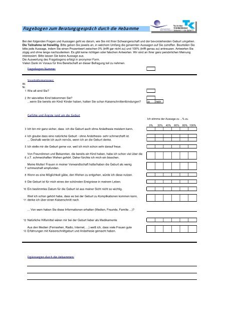 Fragebogen Zum Beratungsgespra Ch Durch Die Hebamme