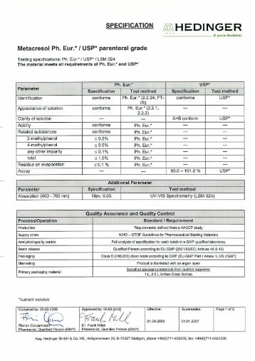 Metacresol Ph. Eur.* I USP" parenteral grade - Hedinger