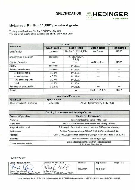 Metacresol Ph. Eur.* I USP" parenteral grade - Hedinger