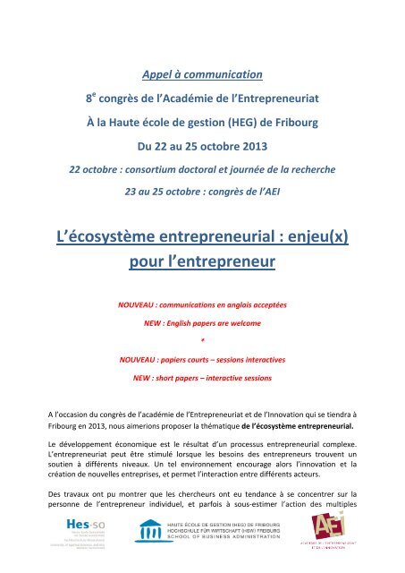 Appels à contribution  Académie de l'Entrepreneuriat et de l'Innovation