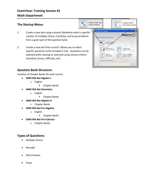 ExamView: Training Session #1 Math Department The Startup Menu ...