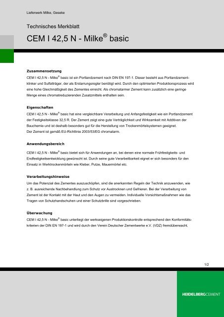 CEM I 42,5 N - Milke basic - HeidelbergCement