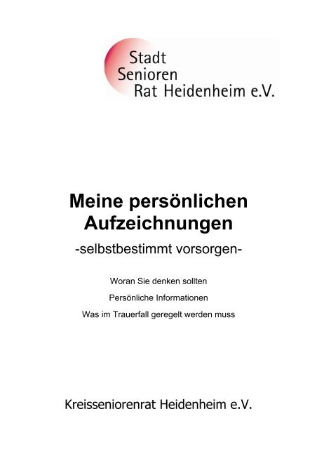 BroschÃ¼re "Meine persÃ¶nlichen Aufzeichnungen" - Stadt Heidenheim