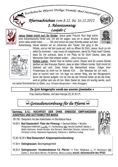 Der Pfarrbrief vom 08.12.2012 bis 16.12.2012 - Katholischen Pfarrei ...