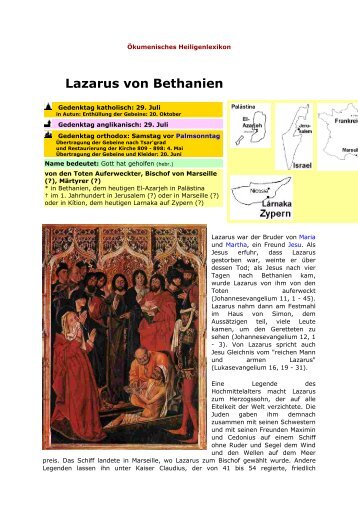 Lazarus von Bethanien - Ãkumenisches Heiligenlexikon
