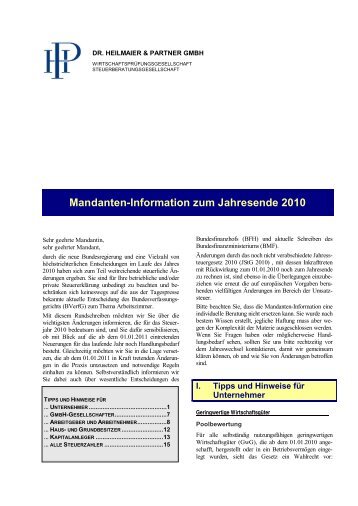 Mandanten-Information zum Jahresende 2010 - Dr. Heilmaier ...