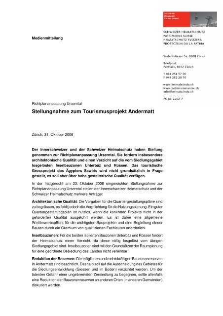 Stellungnahme zum Tourismusprojekt Andermatt - Schweizer ...