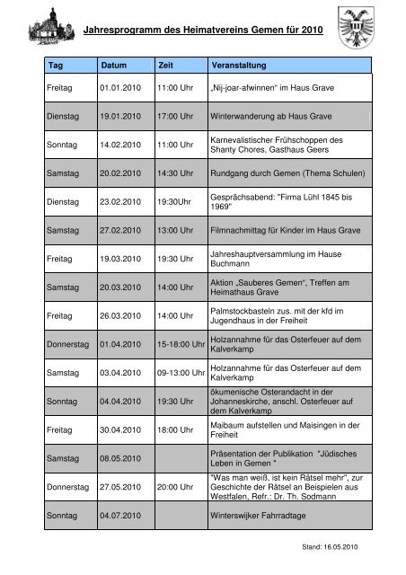 Jahresprogramm des Heimatvereins Gemen für 2010 - beim ...
