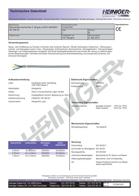 Technisches Datenblatt - Heiniger Kabel AG