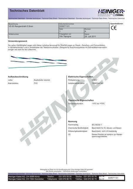 Technisches Datenblatt - Heiniger Kabel AG