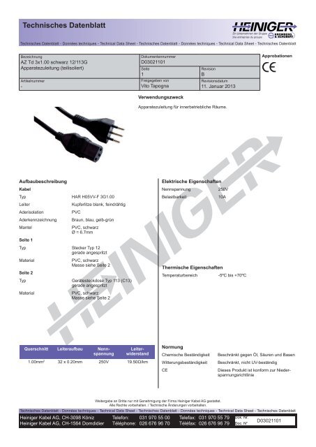 Technisches Datenblatt - Heiniger Kabel AG