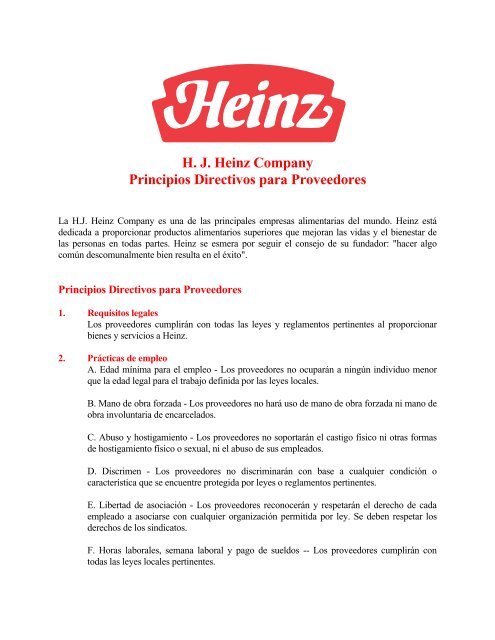 H. J. Heinz Company Principios Directivos para Proveedores